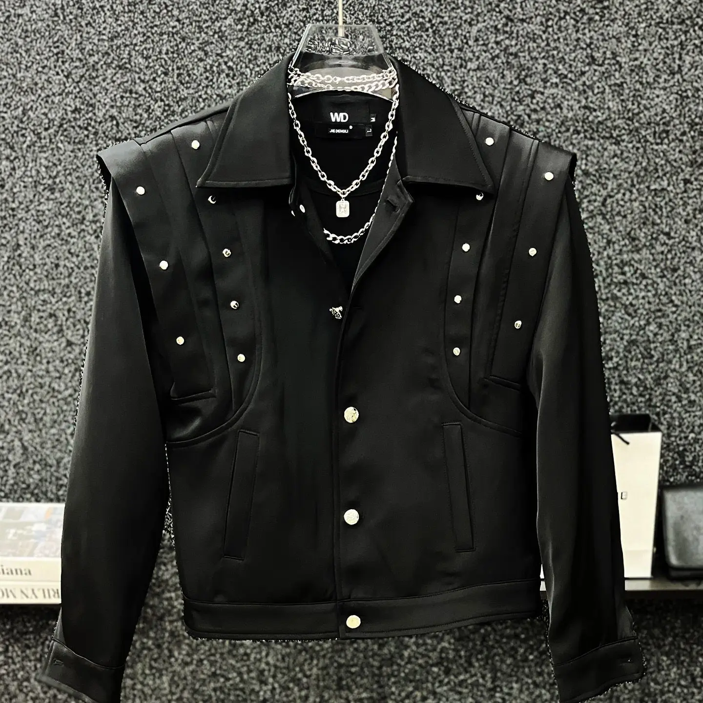 Men's Rivet Biker Jacket Double-Layered Asymmetric Short Loose Vintage Punk Streetwear Coat Casual Outerwear Techwear