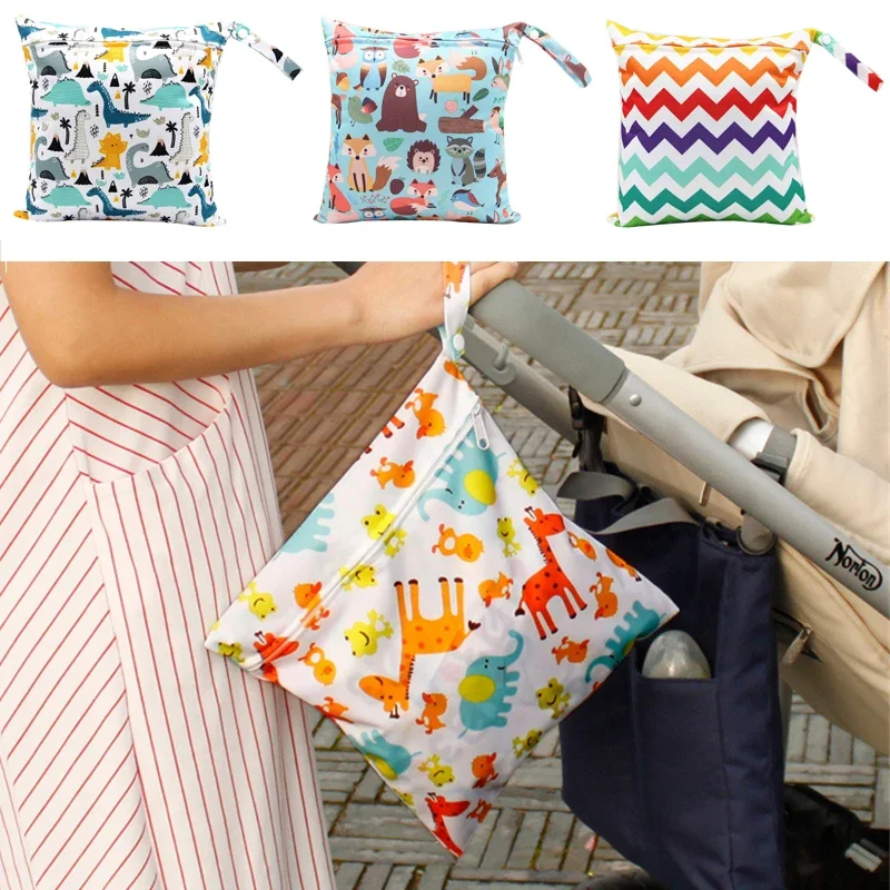 Baby Diaper Bag Cartoon Print Waterproof Wet Dry Nappy Zipper Handbag Stroller Carry Pack Travel Outdoor Wet Diaper Storage Bags