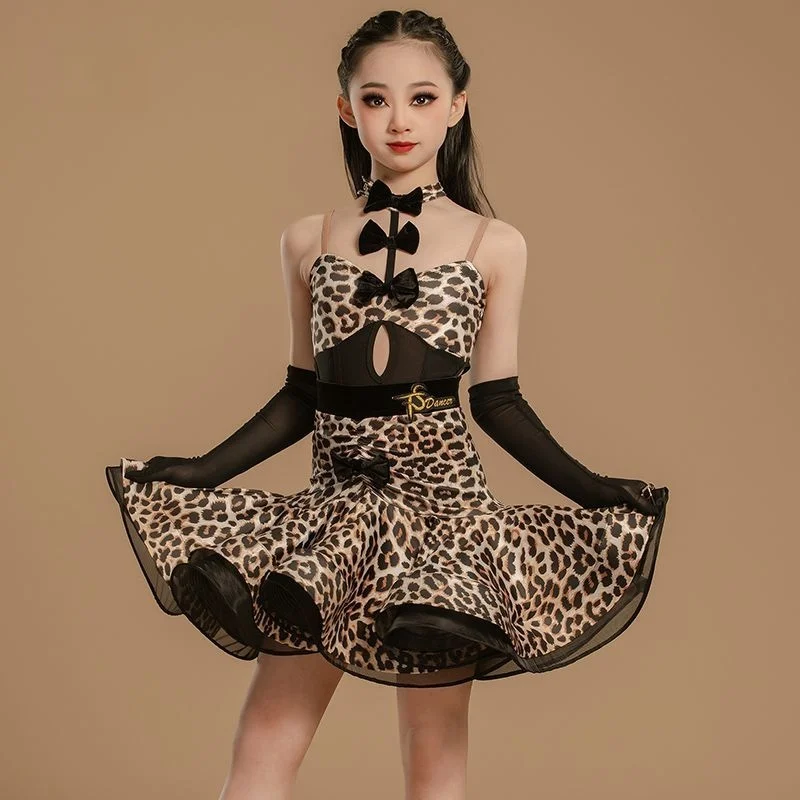 

latin dance suit women's shoes latin american dance dress stage costume leopard print Line dance suit new in bow competition