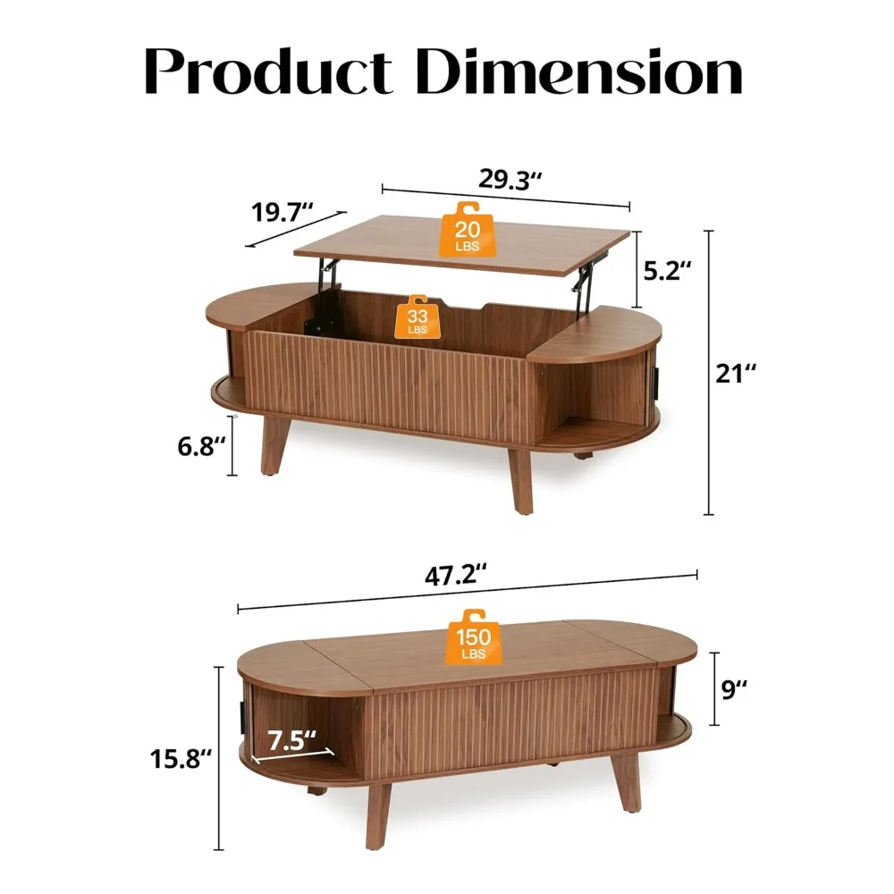 Mesa de Café Oval com Tampa Elevatória e Armazenamento, Mesa Central Moderna de Meio Século de 47,2 polegadas para Sala de Estar com 180 °   Deslizante, Personalizado