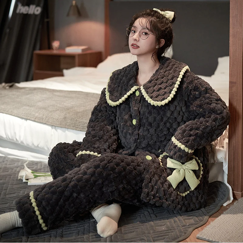 

Pajamas For Women Sets Terry Cloth Bathrobe Style Lounge Set Hooded Tie Front Thicken Winter Cozy Warm Sleep Ladies Multicolor