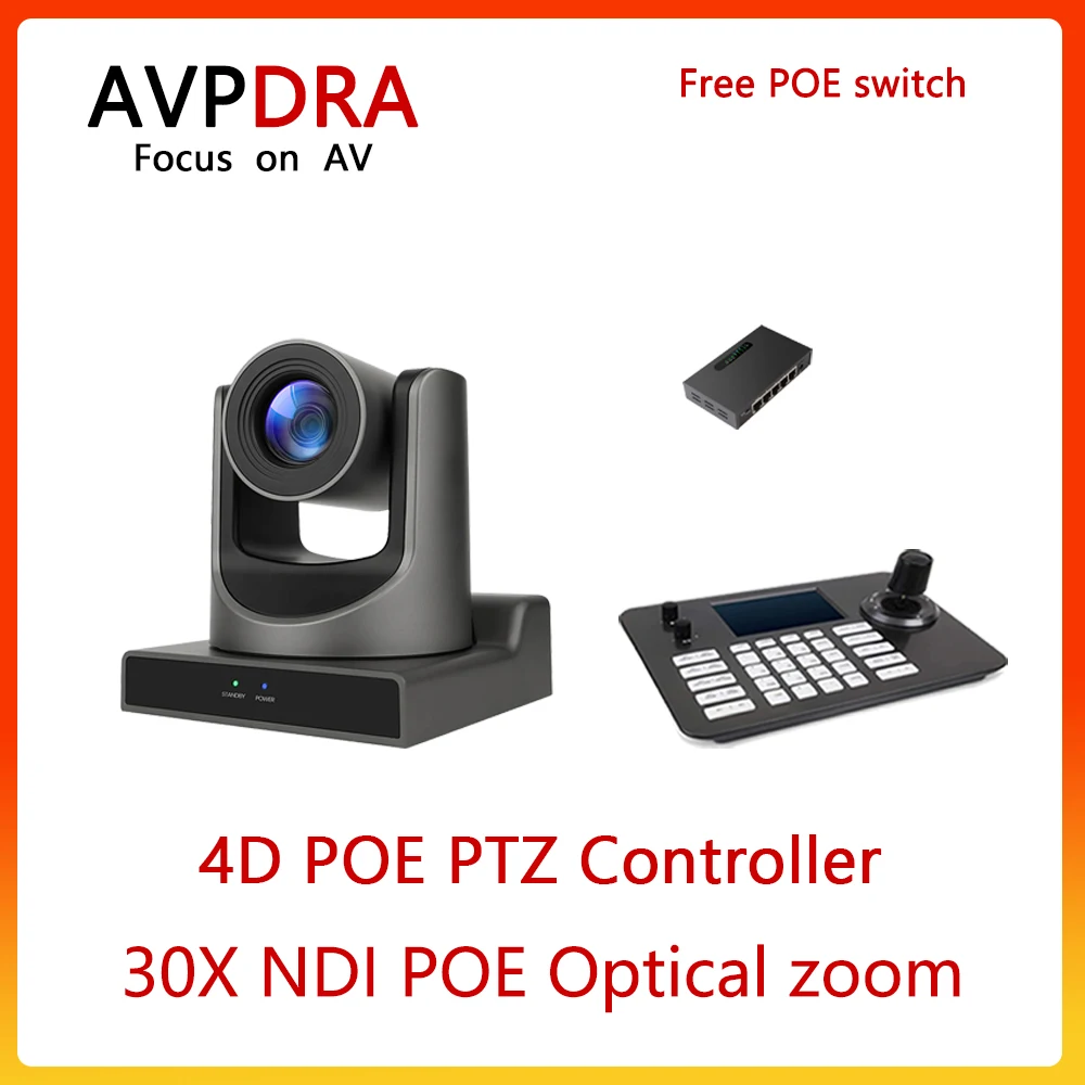 

FULL NDI PTZ Camera HDMI 30x+8x For Church Business Meeting And 4D POE Joystick Network PTZ Controller And One Free POE Switch