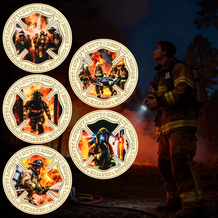 Lot de 5 Pièces Commémoratives de Pompier – Pièces de Collection Plaqué Or pour Héros des Services Incendie – Respect et Honneur