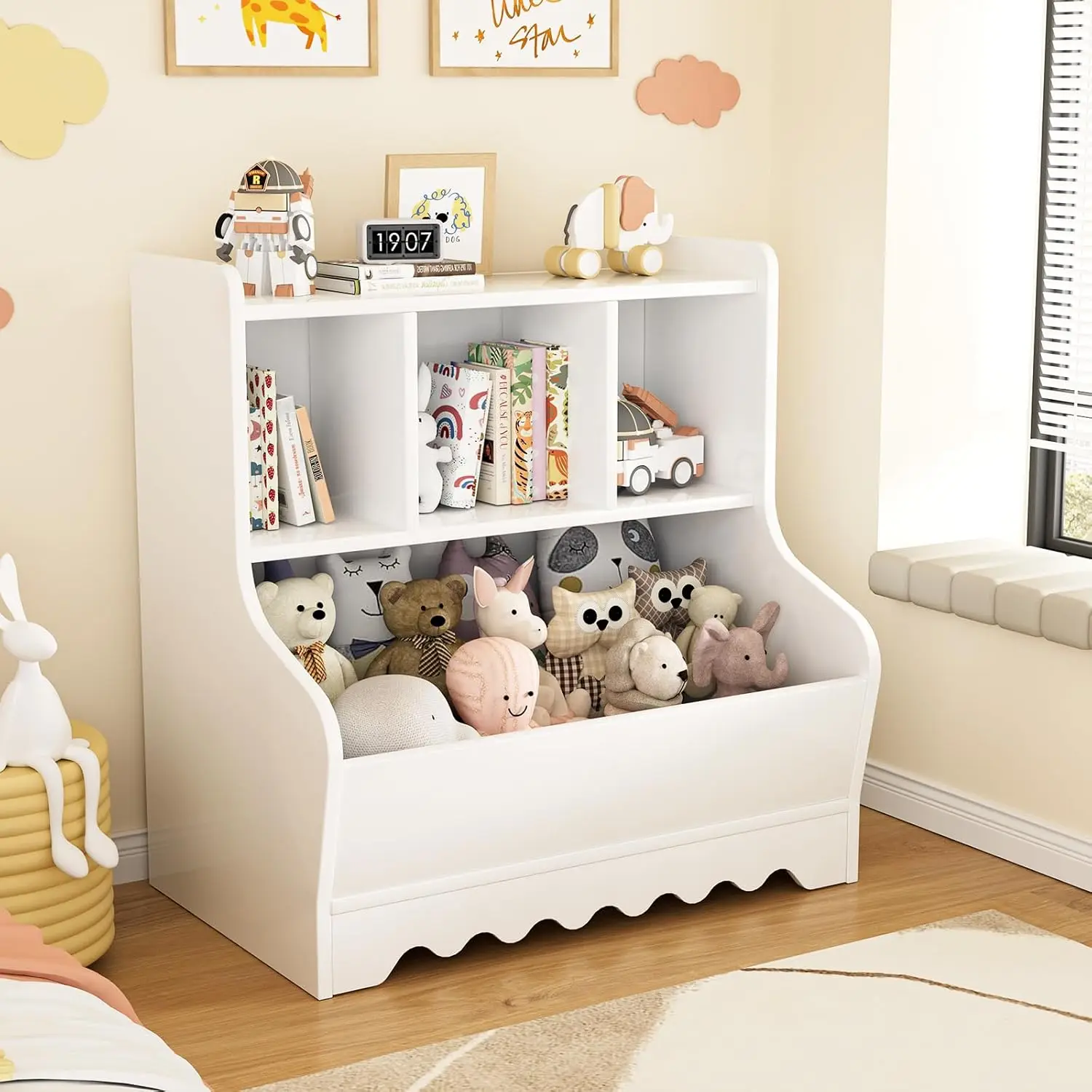 

Детский органайзер для игрушек, деревянная полка для книг и игрушек с 4 секциями, книжный стеллаж для малышей с местом для хранения, Монтессори, на заказ