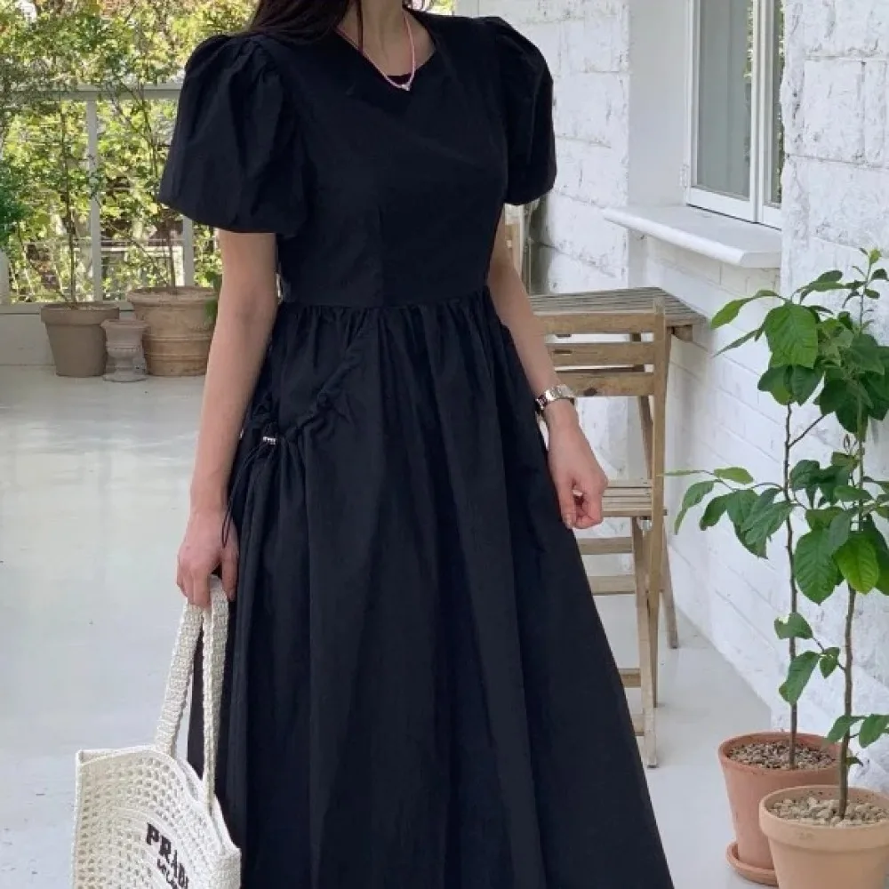 Women\'s Summer Pure Cotton Long Dress Big Pocket Puff Sleeve High Waist Large Hem Maxi Flattering Sundress Female