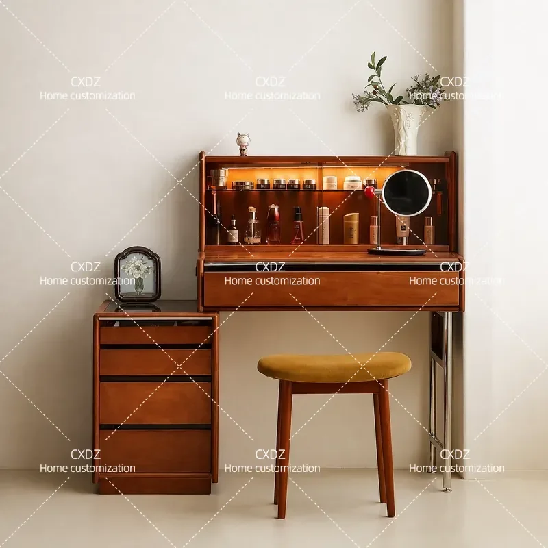Retro Solid Wood Dresser Nordic Telescopic Storage Desk Small Apartment Bedroom Furniture Medieval Bedside Table Integrated