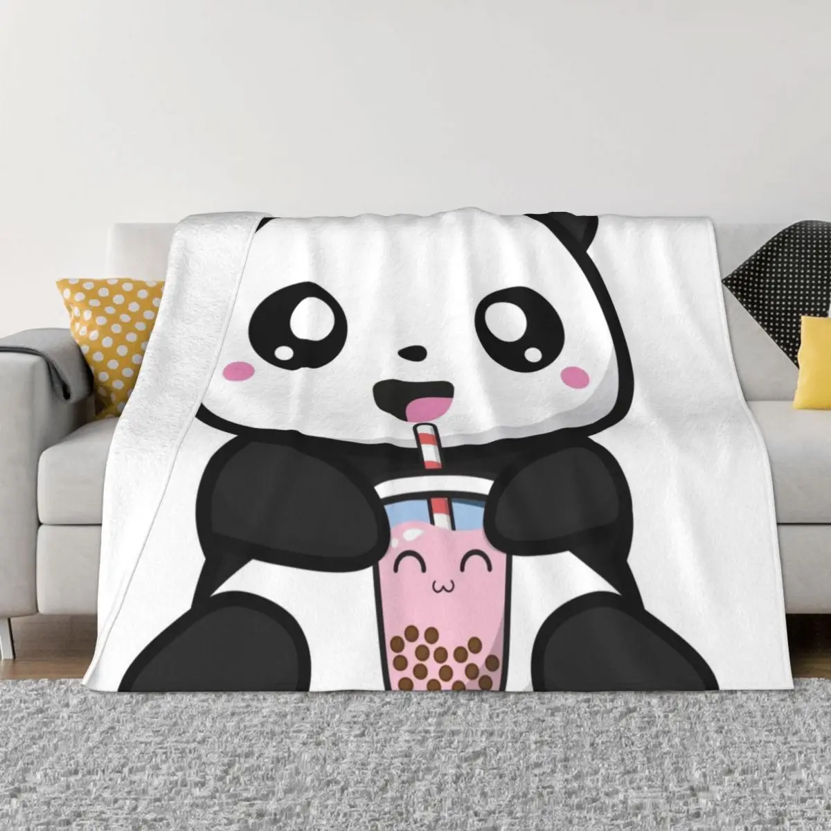 

Panda Boba Kawaii Bubble Tea Throw Blanket Shaggy Blanket Moving Blanket