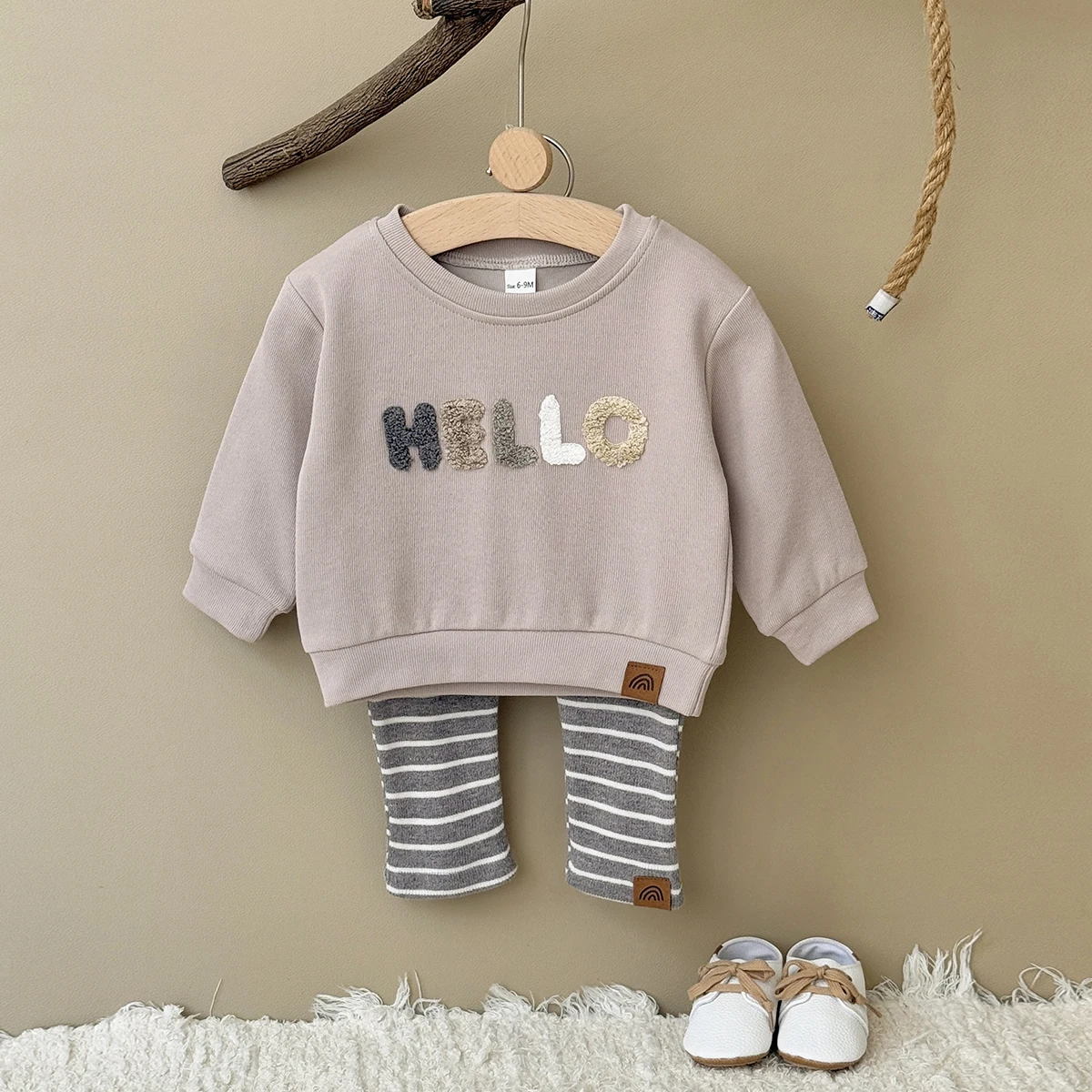 

2Pcs/set Newborn Baby Spring Autumn Clothes Letter Towel Embroideried Long Sleeved Top +Black White Striped Pants 0-3Y