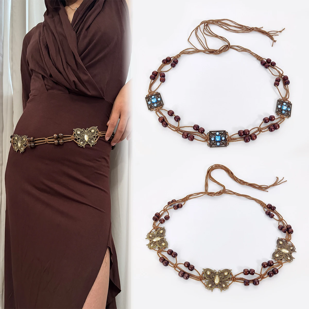 ボヘミアンノットウエストベルト,手作り,編みこみのウエストベルト,カジュアルな生地y2kベルト,ラインストーン,夏のファッション