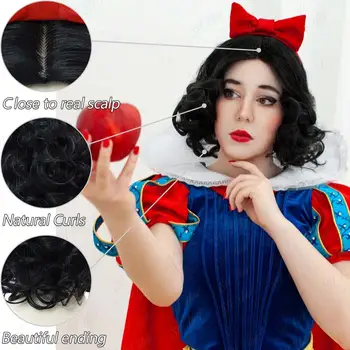 女士合成短黑色波波頭假髮,白雪公主捲髮波浪角色扮演假髮,適合萬聖節派對,配有紅色蝴蝶結髮箍 8 最佳銷售 公主假髮 - №7