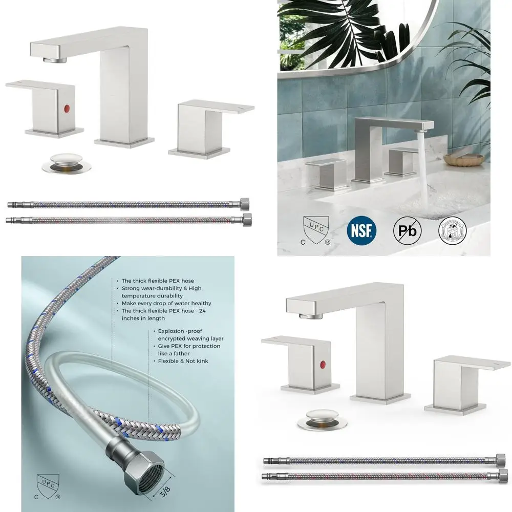 

3-Hole 8 Widespread Square Waterfall Bathroom Sink Faucet with Metal Pop-Up Drain and Cupc Hose, Two-Handle for Vanity or Lavato
