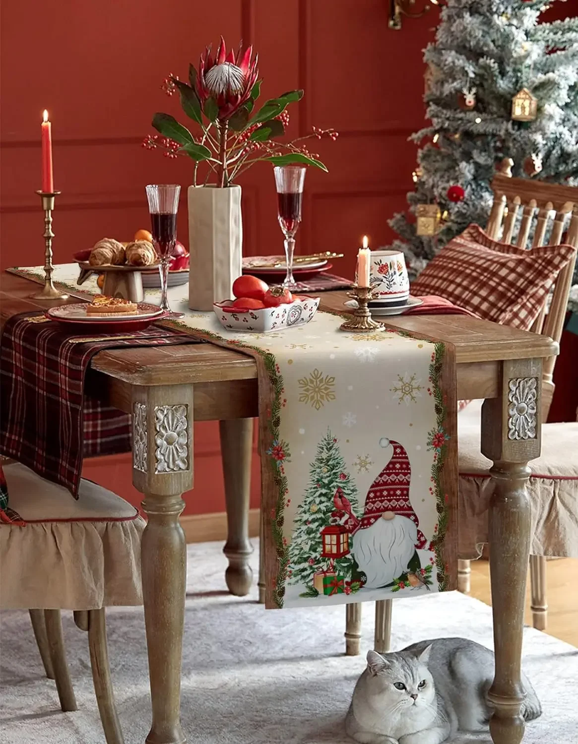 Christmas Tree Gnomes Linen Table Runners Dresser Scarves Table Decor Winter Wooden Dining Table Runners Christmas Decorations