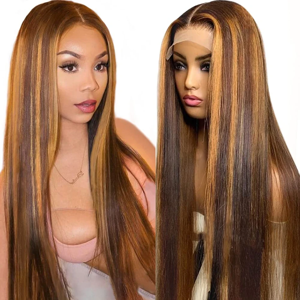 Highlight Ombre Lace Front Pruik Human Hair Raw Indian Pretokkel Glueless Hd Lace Frontale Pruik Bruin Blonde P4/27 Rechte Pruiken