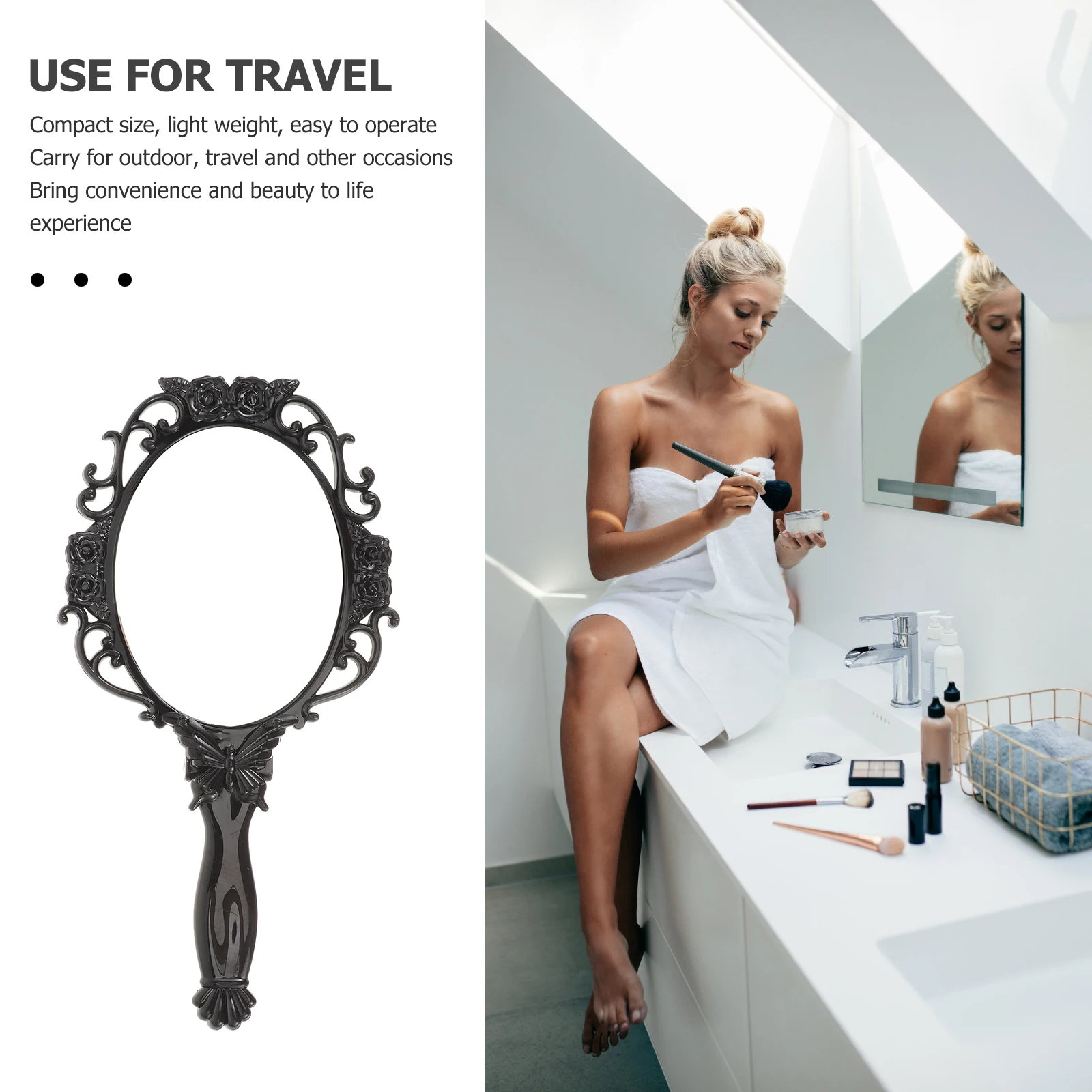 

Rose Flower Design Folding Makeup Mirror Handheld Mirror for Women Portable Travel Use Vintage Style Clear Reflection Safe