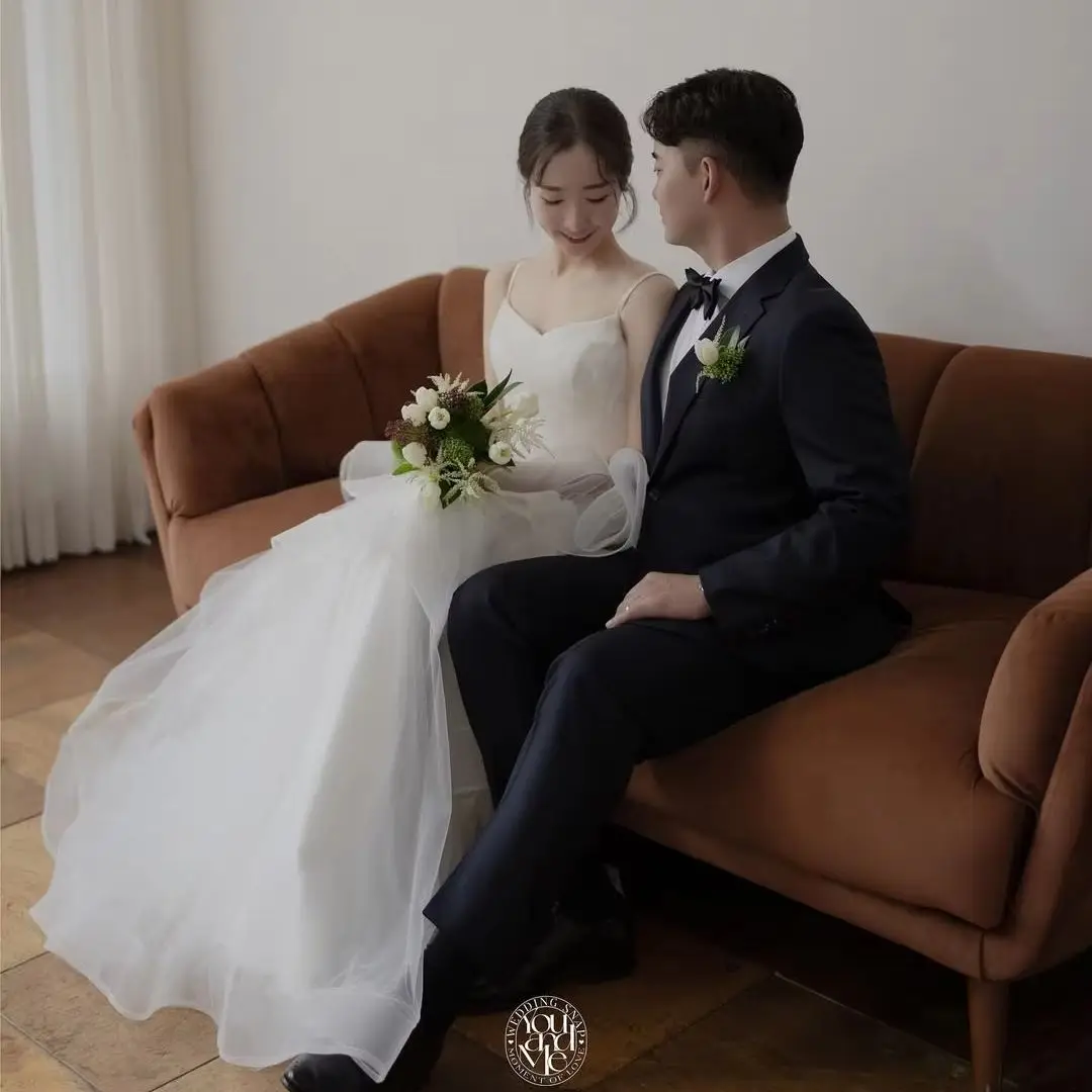 MD Princess Spaghetti Strap A-line Wedding Dresses Tiered Pleat Korea Photoshoot Floor-Length Bridal Gown Customized 2025 웨딩드레스
