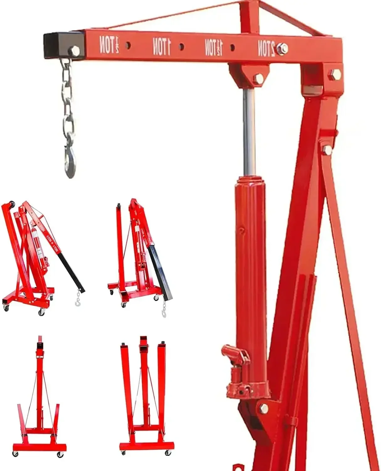 Engine Hoist 2 TON Folding Hydraulic Engine Motor Hoist Cherry Picker Shop Cranes Lift Red Shop Crane 4000 lb Heavy-Duty