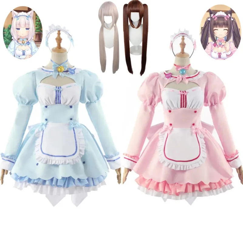 Anime game nekopara Vol.4 Chocola vanilla cosplay costume wig nekomimi paradise Halloween Lolita maid dress uniform pink blue us