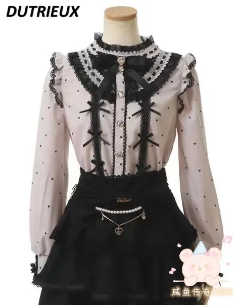 2024 Spring New Sweet Bow Lace Stitching Heart Printed Long Sleeve Shirt Women Japanese Lolita Mine Series Mass-Produced Blouse