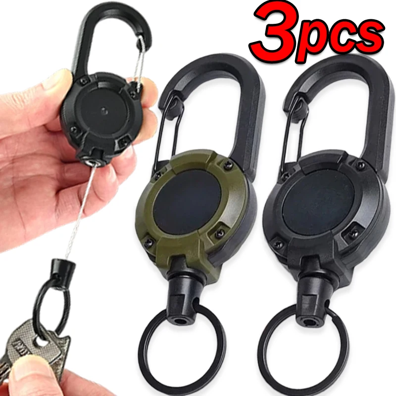 1/3pcs Heavy Duty Retractable Pull Badges ID Reel Carabiner Key Chain Steel Wire Rope Buckle Key Holder Outdoor Keychain Tools