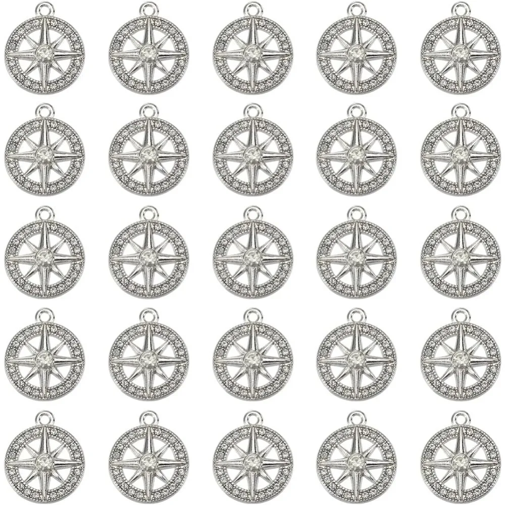 

40 шт. маленький металлический компас, круглые подвески со стразами, объемный сплав, гексаграмма, подвеска в форме компаса для изготовления ювелирных изделий
