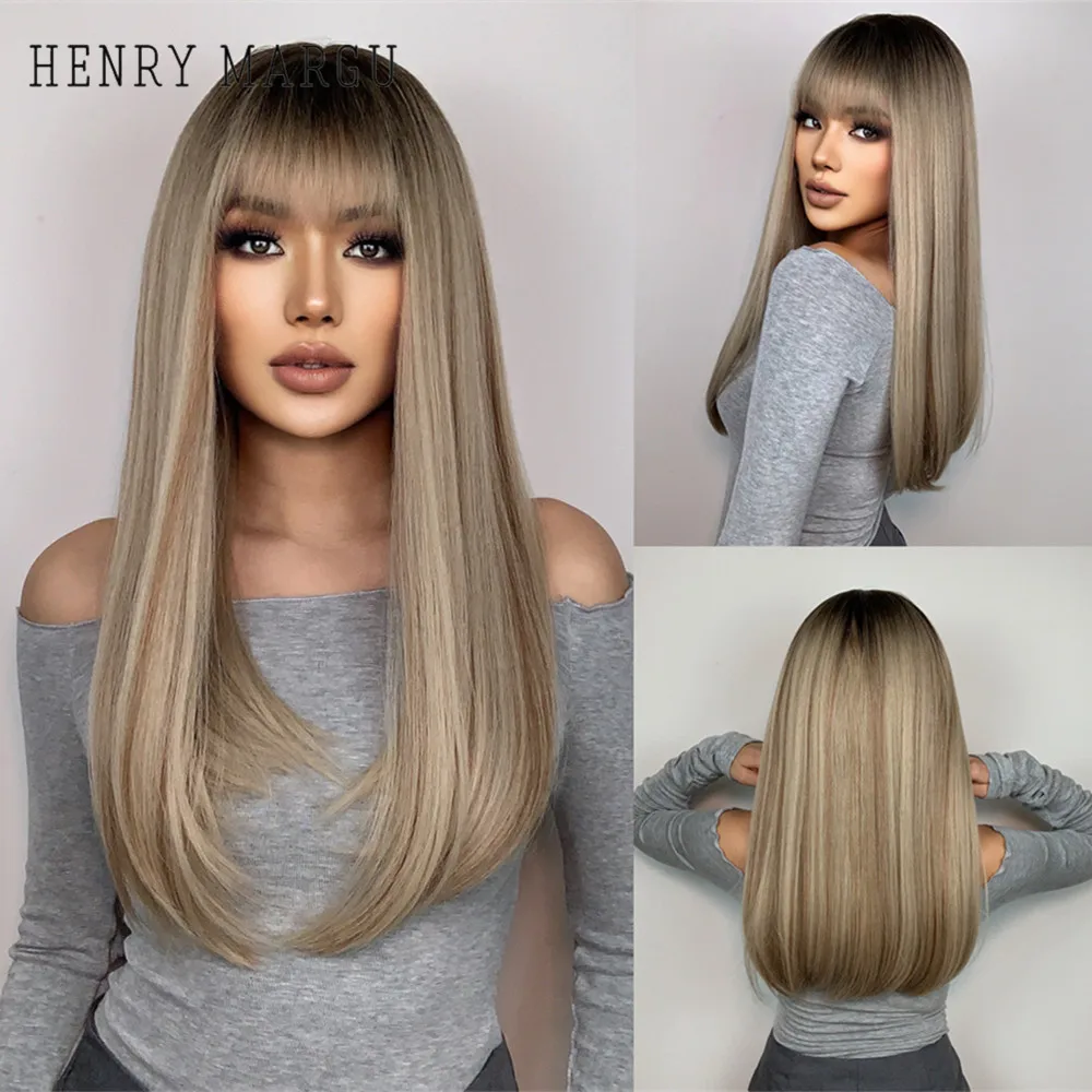 HENRY MARGU Long Straight Synthetic Wigs for Women Natural Brown Blonde Wig with Bangs Heat Resistant Cosplay Party Hair