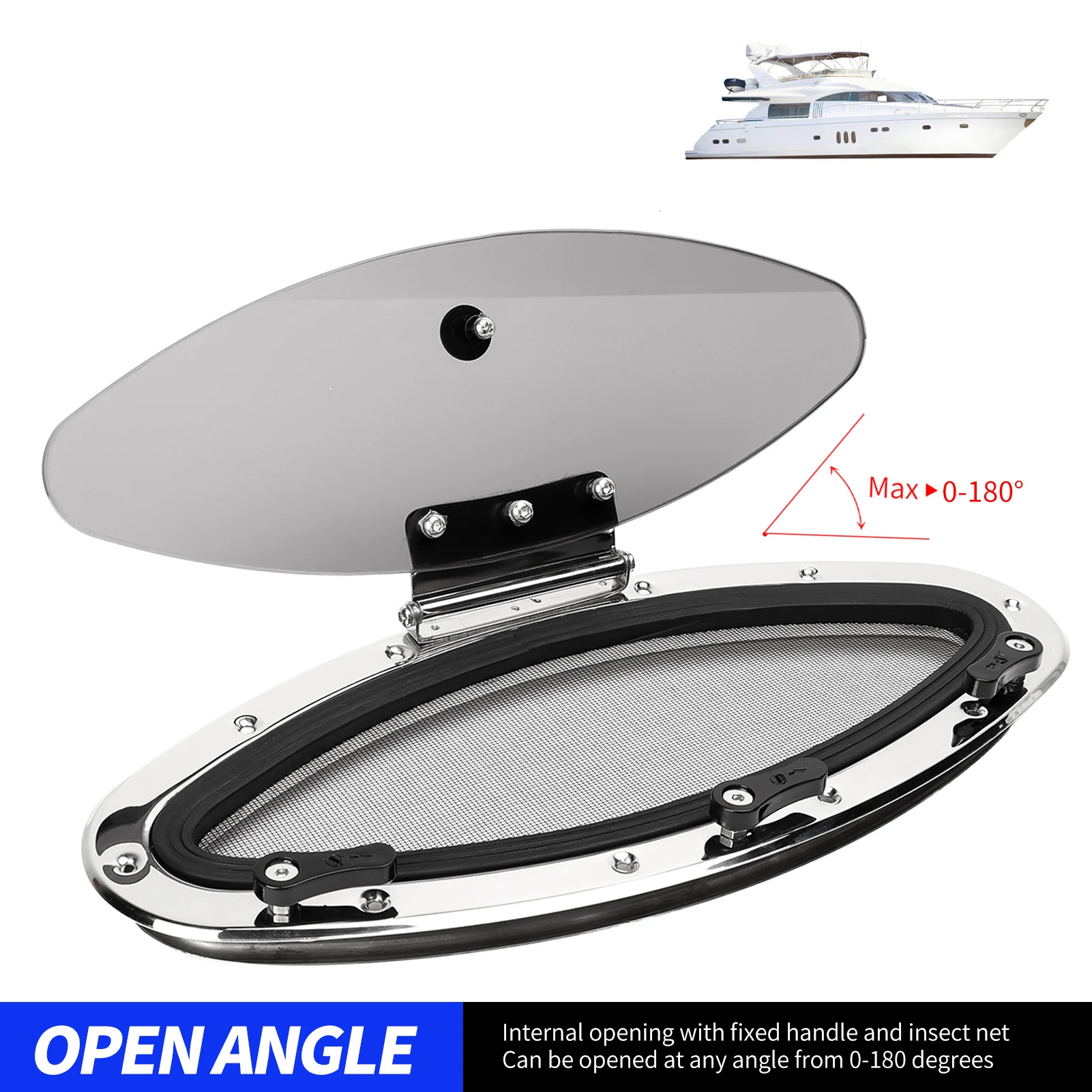 فتحة فتح داخلية قوية من الزجاج المقسى باللون الرمادي الدخاني مقاس 16.06 × 5.83 بوصة نافذة كوة قارب مانعة للتسرب ممتازة لليخوت السفينة