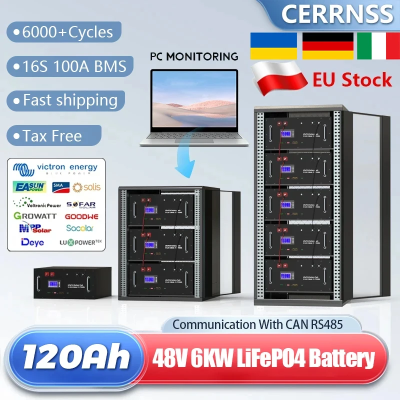 LiFePO4 48V 120AH Battery Pack 51.2V 6KWH Lithium Battery 6000+ Cycle With RS485 CAN Bus Max 32 Parallel For Home solar storage