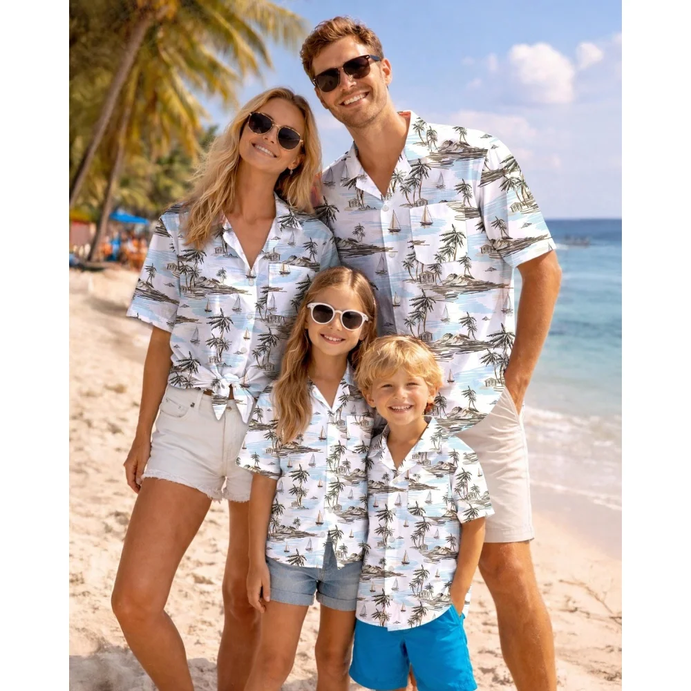 Summer Men's Family Wear Beach Hawaiian Shirt Tropical Palm Tree Shirt Holiday Tops Outdoor Vacation Style Parent Child T-Shirt