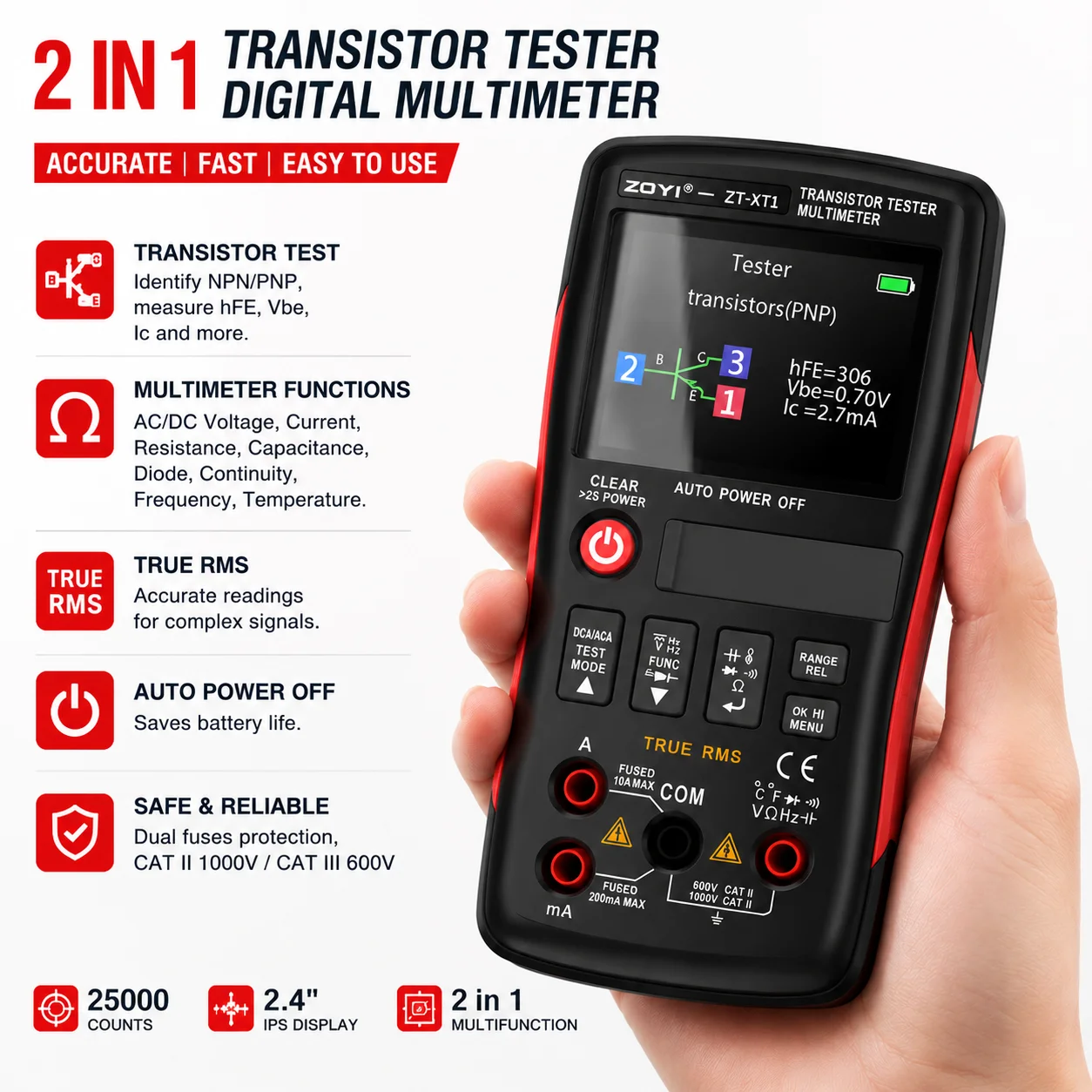 ZOYI XT1 Transistor Tester Multimeter 2-in-1 Diode Triode Capacitance Resistance LCR ESR MOSFET Multifunction Detector