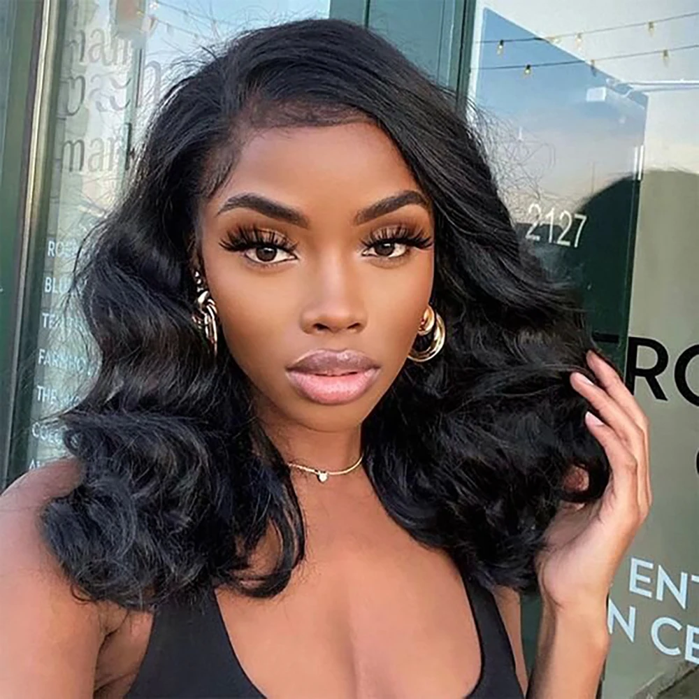 Perruque Bob Lace Front Wig naturelle, cheveux humains, Body Wave, 13x4, pre-plucked, pour femmes noires, liquidation