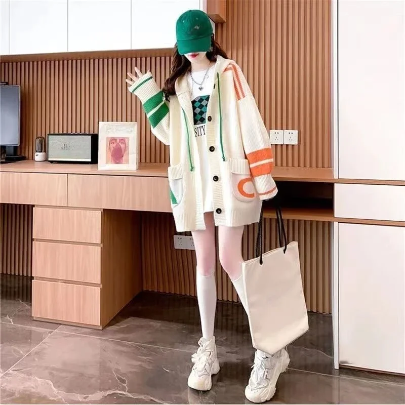 DAYIFUN Loose Hooded Women's Long Sleeved Knitted Cardigan Letter Decoration Contrasting Color Tops Autumn Thick Female Sweaters