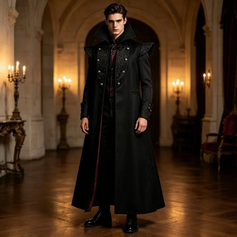 Halloween Vampir Cosplay Kostüm Gotischer Dunkler Hochkragen Langer Mantel Steampunk Uniform für Damen Herren Karneval Party Aufführung