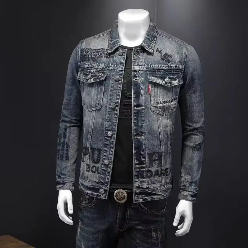 Jaket denim pria, pakaian atasan denim pria longgar tren retro jalanan tinggi, jaket sepeda motor tampan, lapel kasual Mode