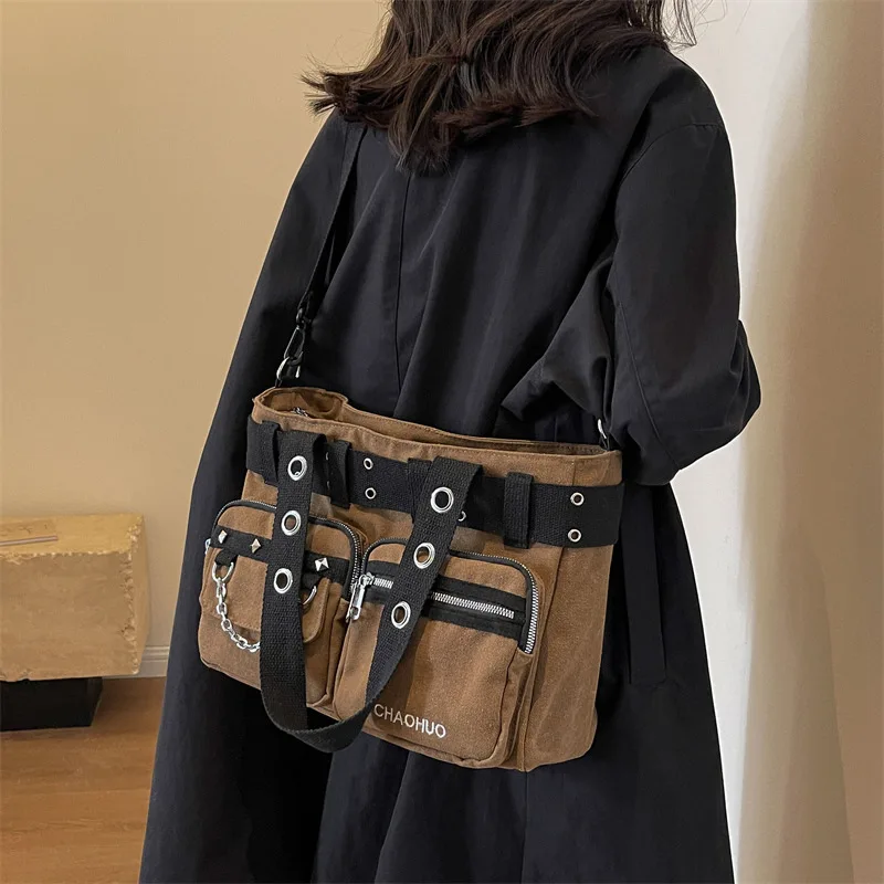 Dark color heavy duty rivets large capacity shoulder/crossbody/handbag biker tote bag