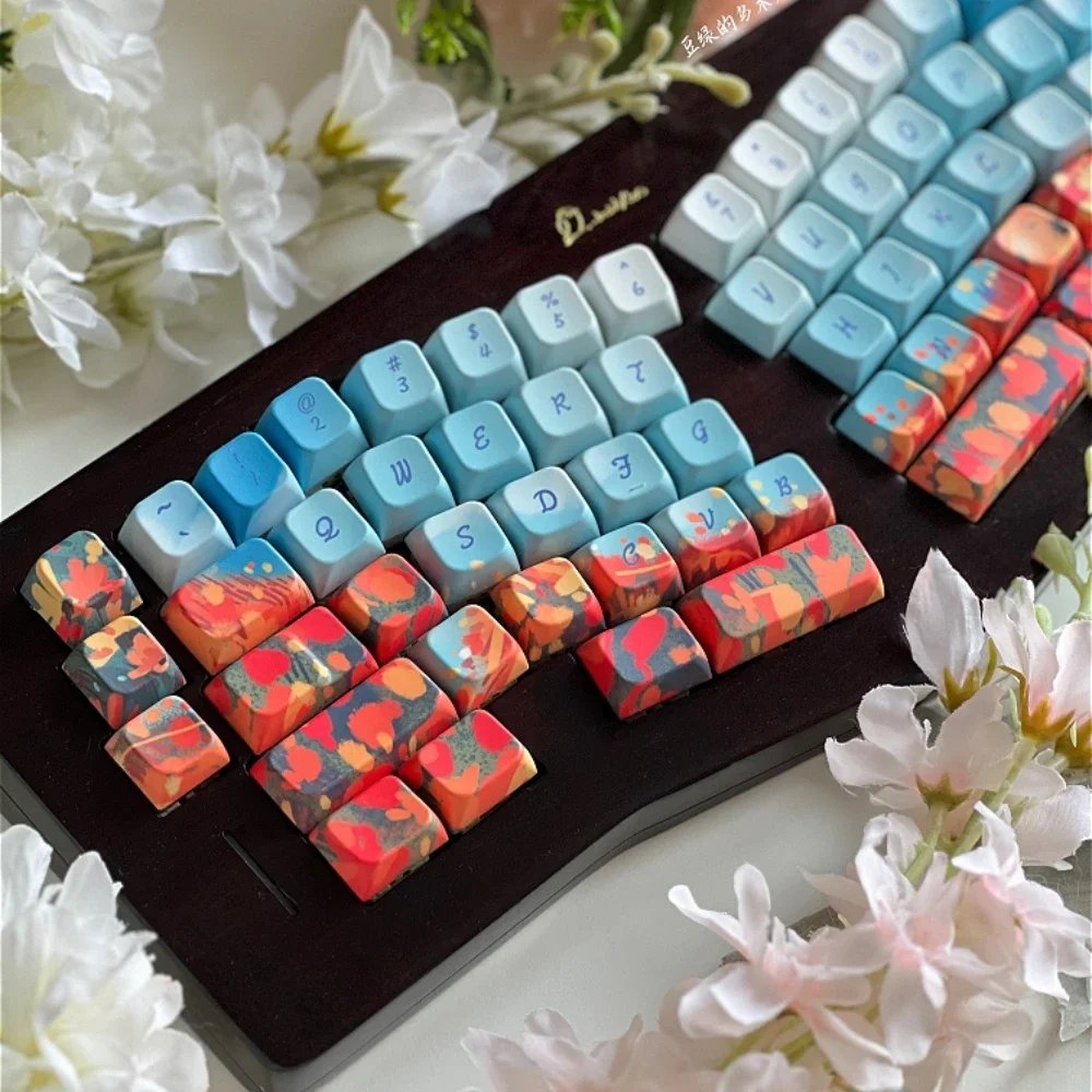 Spring Flower Sea Keycaps Fda Pbt Five-Sided Thermal Sublimation Keycaps Blue Orange Gradient Flower Keycaps