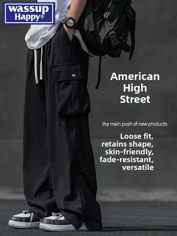 

Wassup Happy мужские летние тонкие прямые брюки для спецодежды в стиле ретро, повседневные брюки в американском стиле, свободные длинные брюки