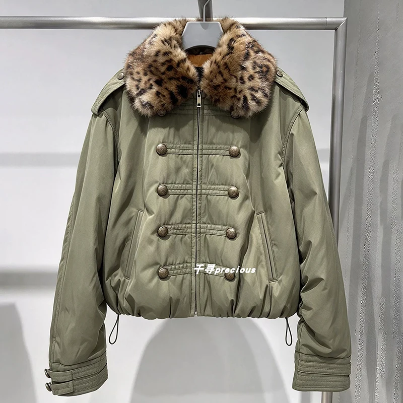 Women's Short Padded Coat Faux Fur Collar Double Breasted Zip Up Cotton Jacket Winter Long Sleeved Thick Warm Outerwear