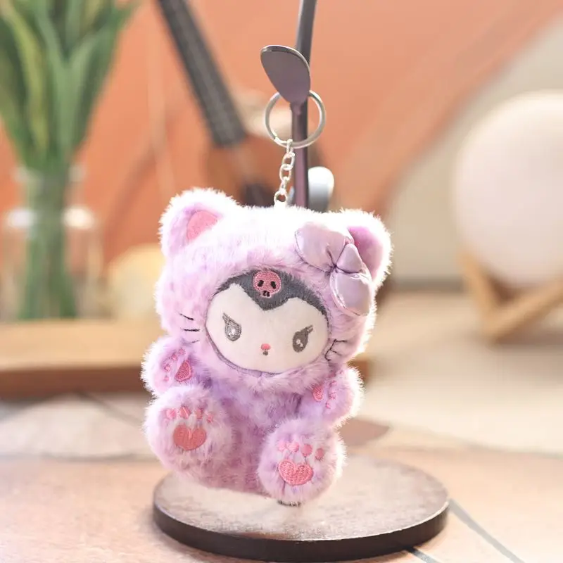 LLavero de peluche Kawaii de Hello Kitty, bonito bolso de muñeca, dije con lazo, estampado de leopardo, tirador de cremallera, regalo, juguetes de peluche para niñas, 1 Uds.