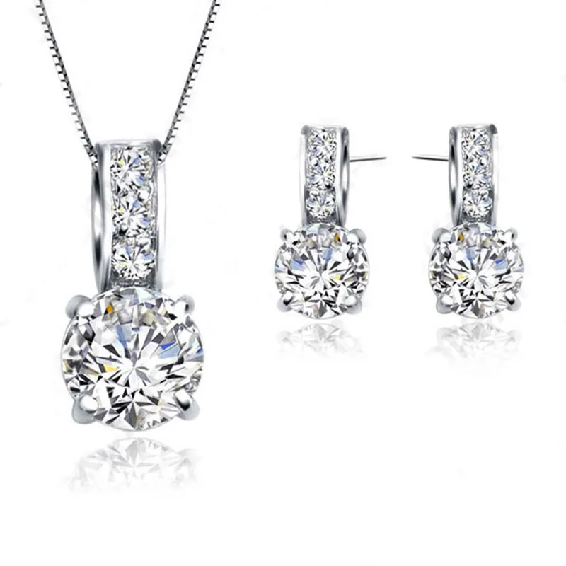 High Quality 925 Silver Needle Cubic Zircon Pendant  Necklace/Earring Women Big Zircon Jewelry Sets Wholesale