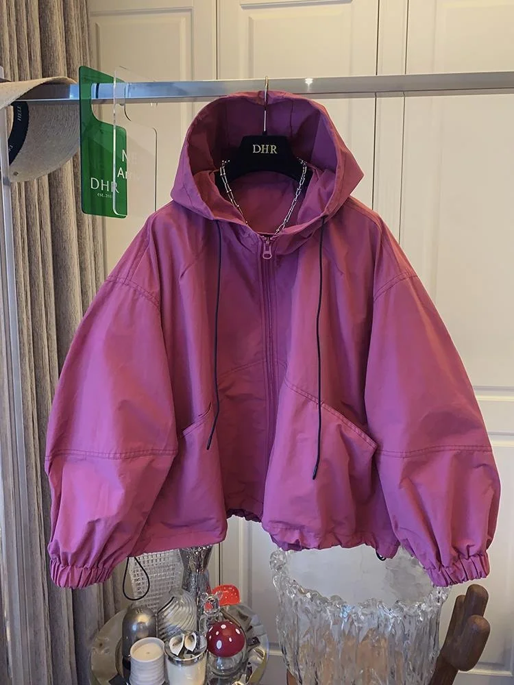 

Women's Hooded Jacket Spring Autumn New Korean Loose High-End Feeling Small Size Top Trendy Windbreaker Coat Zipper Closure S...