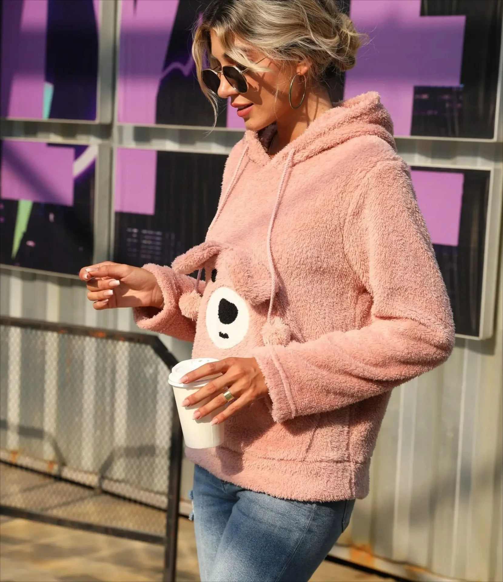 Bonito outono roupas femininas com capuz manga longa pulôver solto ajuste dupla face veludo urso padrão moletom