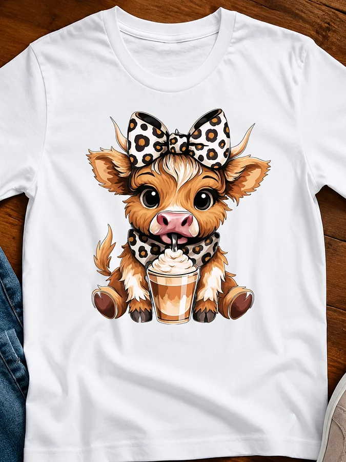 Cute Highland Cow Print T Shirt Women Leopard Bow Coffee Graphic Tees Kawaii Casual Short Sleeve White Top Female Clothing