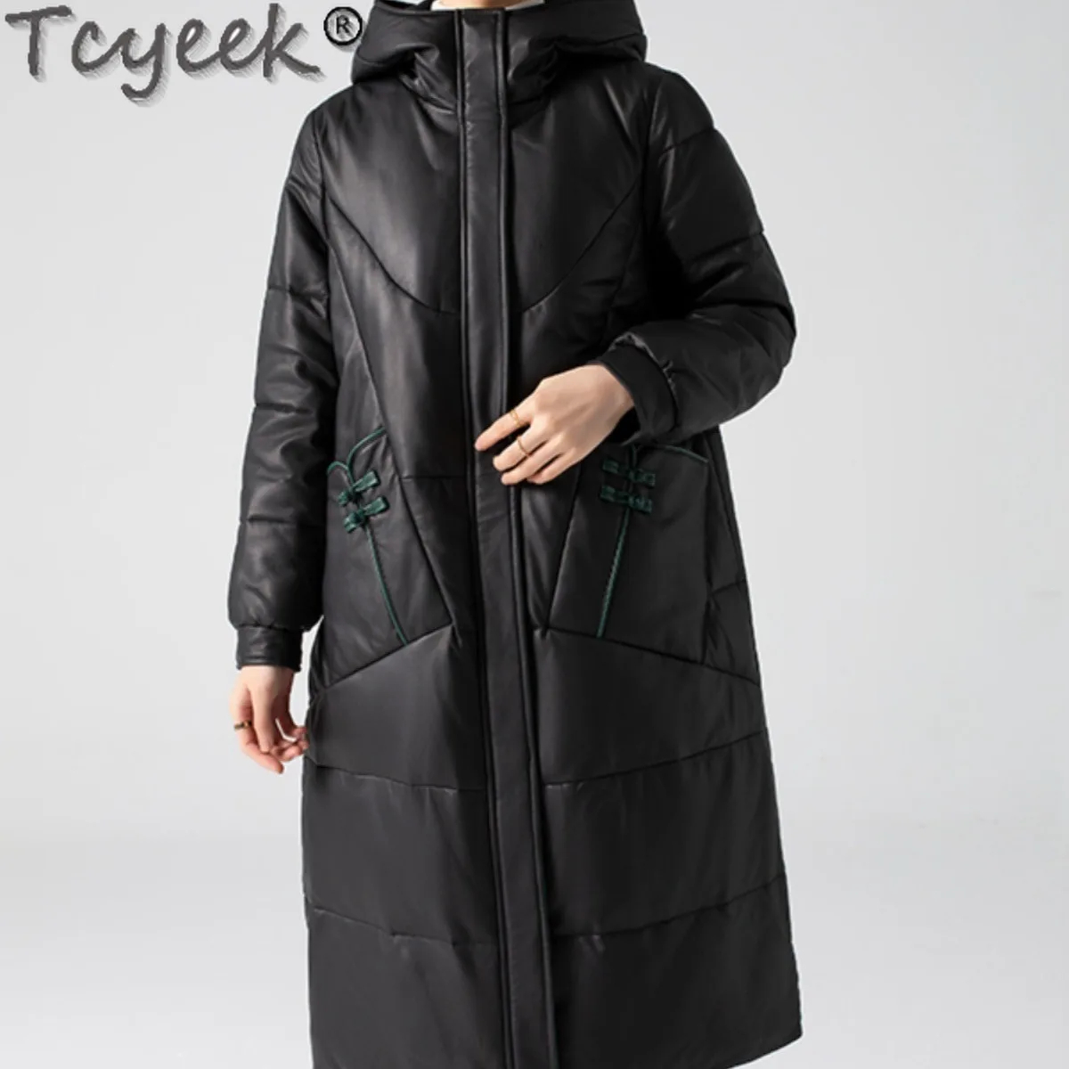 Tcyeek, chaqueta de plumón de cuero genuino para mujer, chaquetas de invierno con plumón de pato blanco, abrigo de piel de oveja auténtica de estilo largo para mujer, ropa con capucha