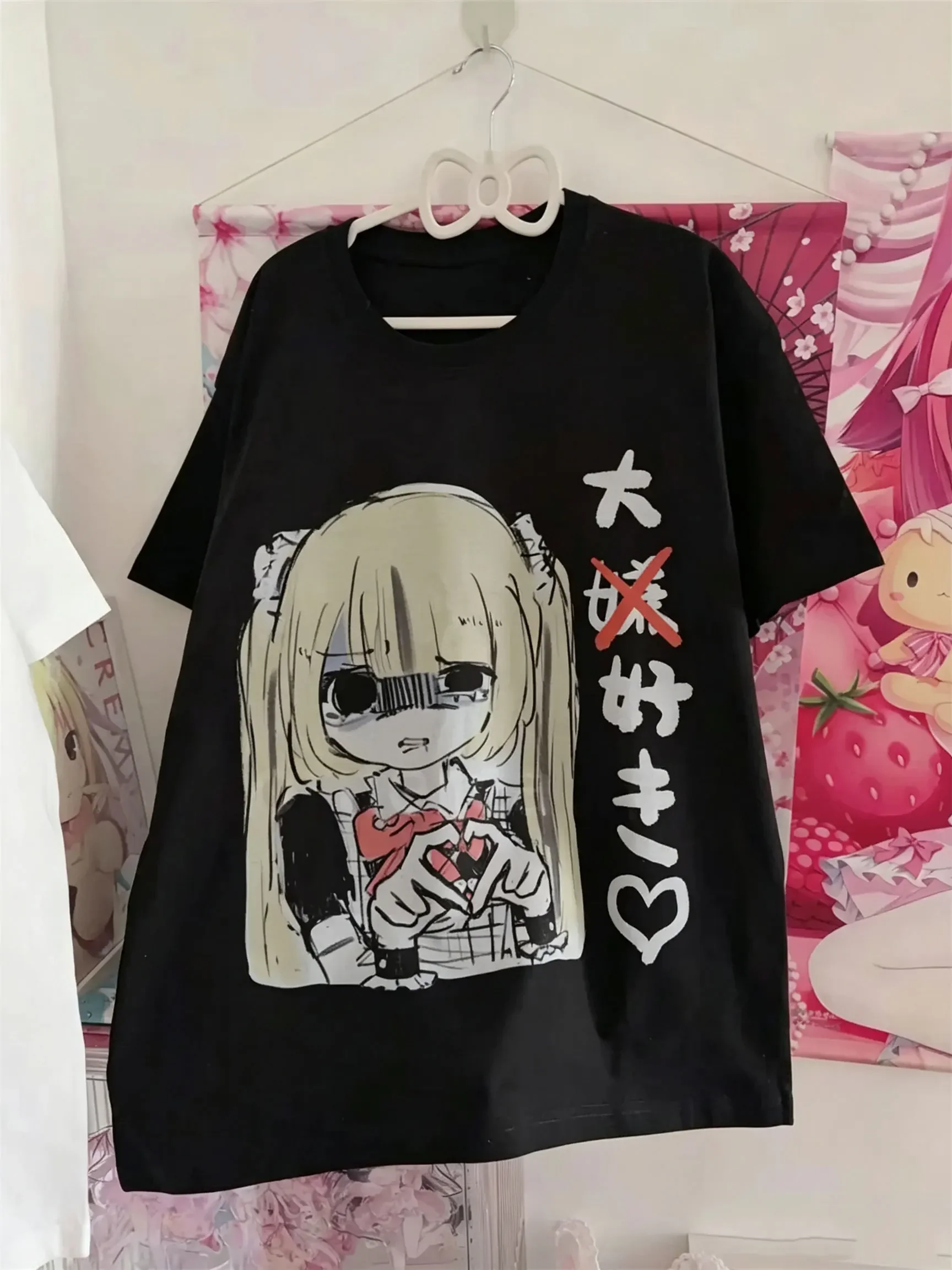Japanisches Y2K Jirai Kei Kurzarm-T-Shirt für Damen, O-Ausschnitt, Cartoon-Print, lockeres Oberteil, reine Baumwolle, süßes Subkultur-Yami-Kawaii-Shirt – Detail 2