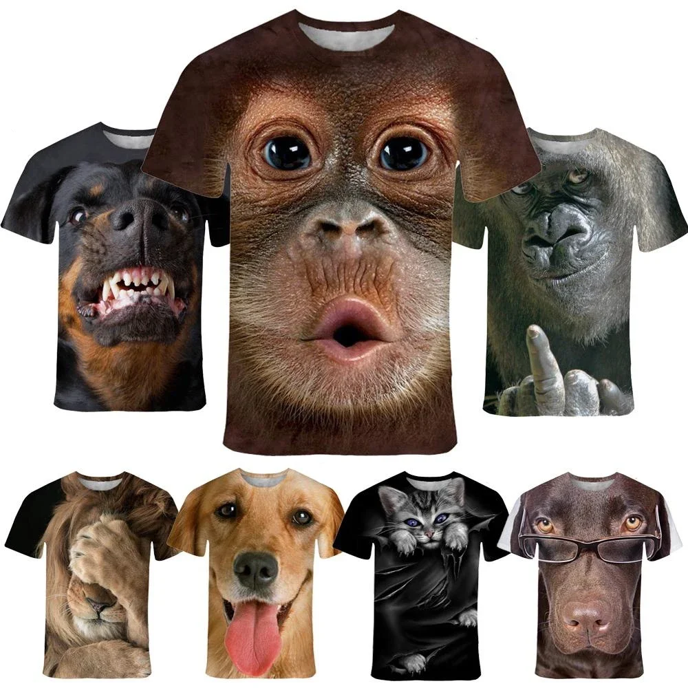 

Spring Summer 3d Fun Animal Face Printing Quick Drying Breathable Casual Sports Men Plus Size Round Neck Top T-shirt