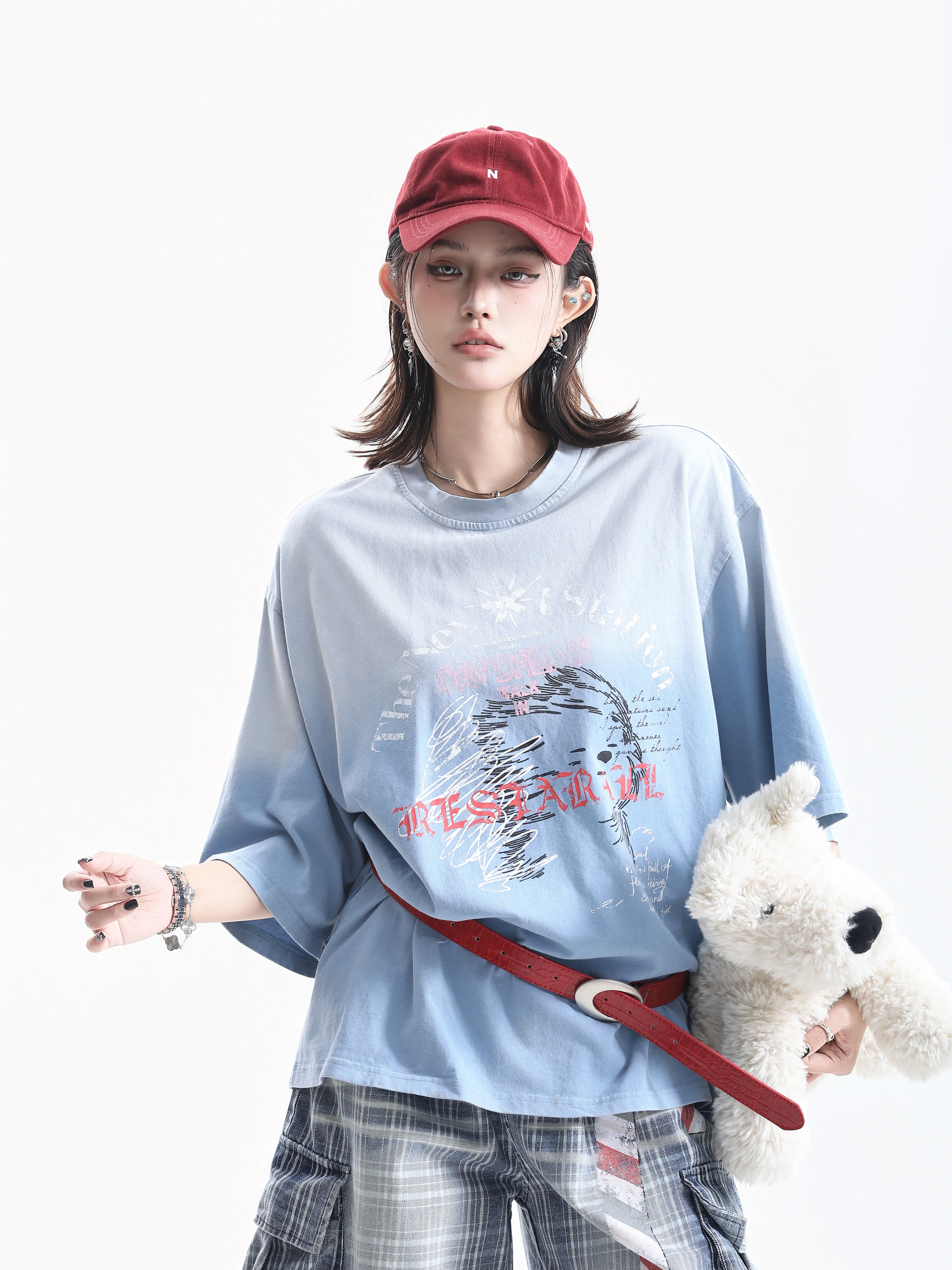 Small Ball Design Gradient Graffiti Oversize Short Sleeve T-Shirt Women's American Retro Couple Cotton round Neck Top