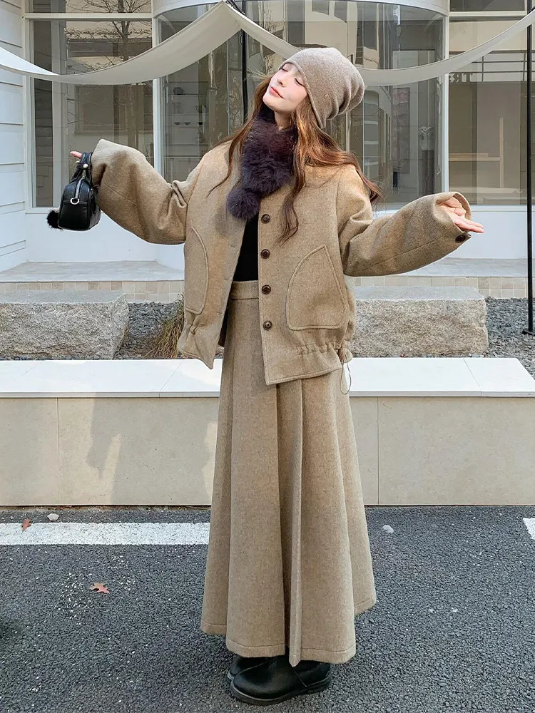 

Winter Faion plus Size Women's Woolen Coat And Skirt Set Lazy High-End Feelings Two-Piece Ensemble Korean Sle Warmth