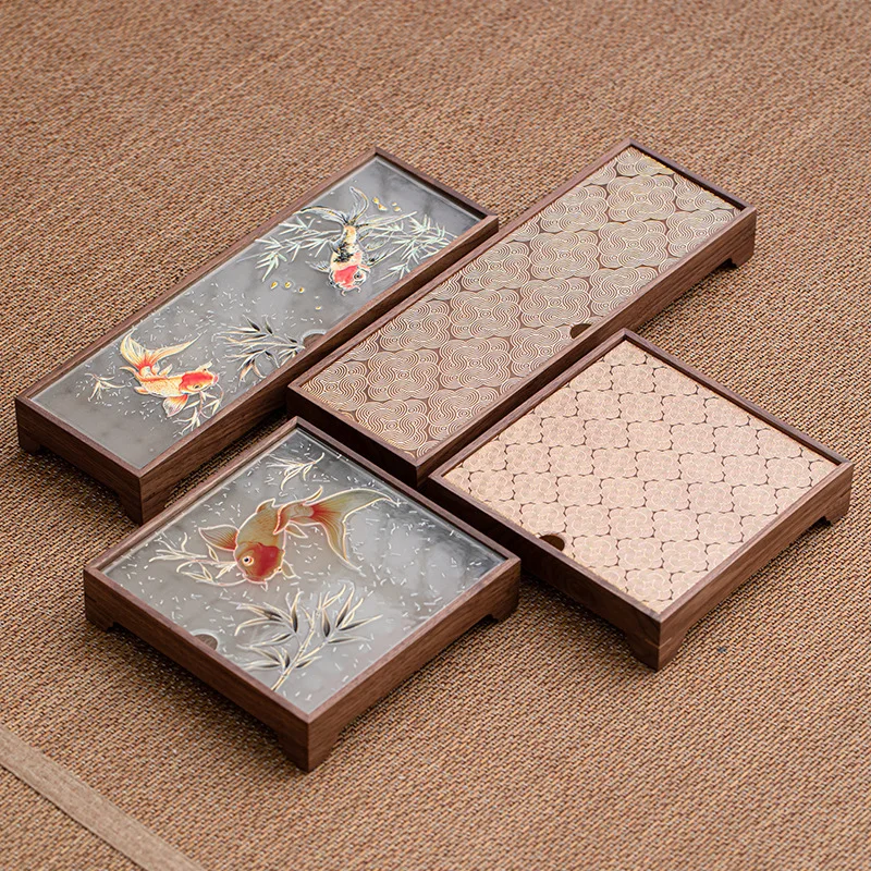 Vintage Wooden Begonia Flower Tray - Rectangular Glass Tea Tray for Home Use - Fruit Snack and Decorative Storage Tea Table