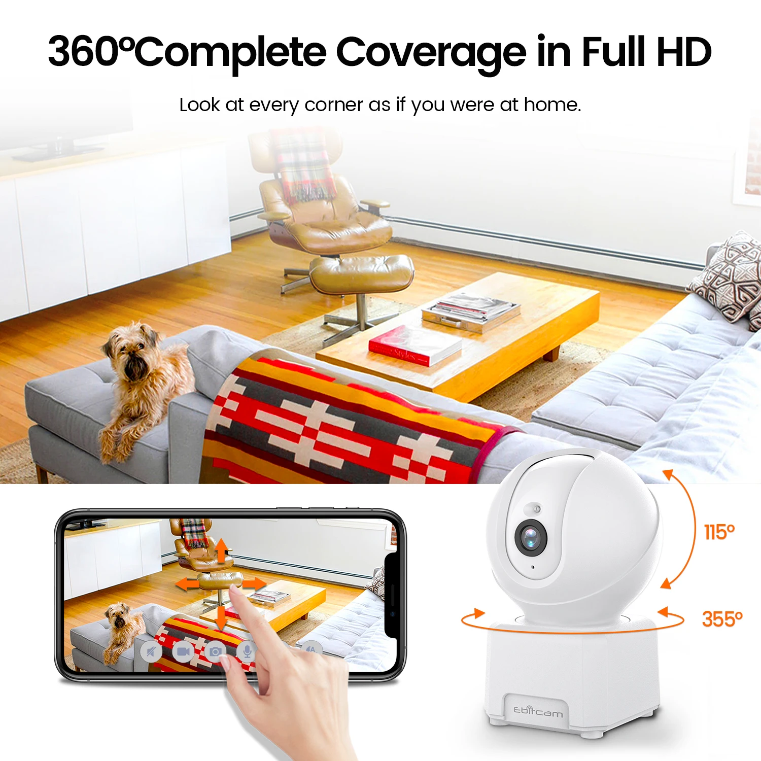 Ebitcam 360° Camera 2K WIFI Auto Track 2-Way Audio IR Night Vision AI Human Detection IP Camera PTZ Indoor Security Surveillance