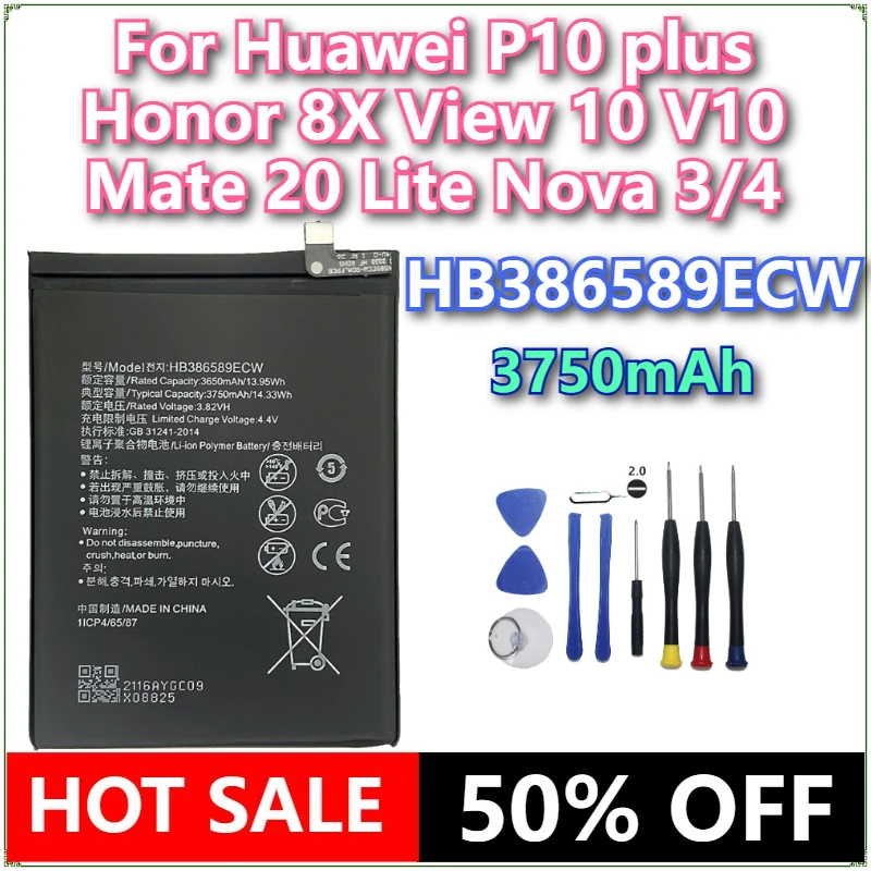 

Brand New HB386589ECW 3750mAh Phone Battery For Huawei P10 plus Honor 8X View 10 V10 Mate 20 Lite Nova 3/4 Batteries +Tools